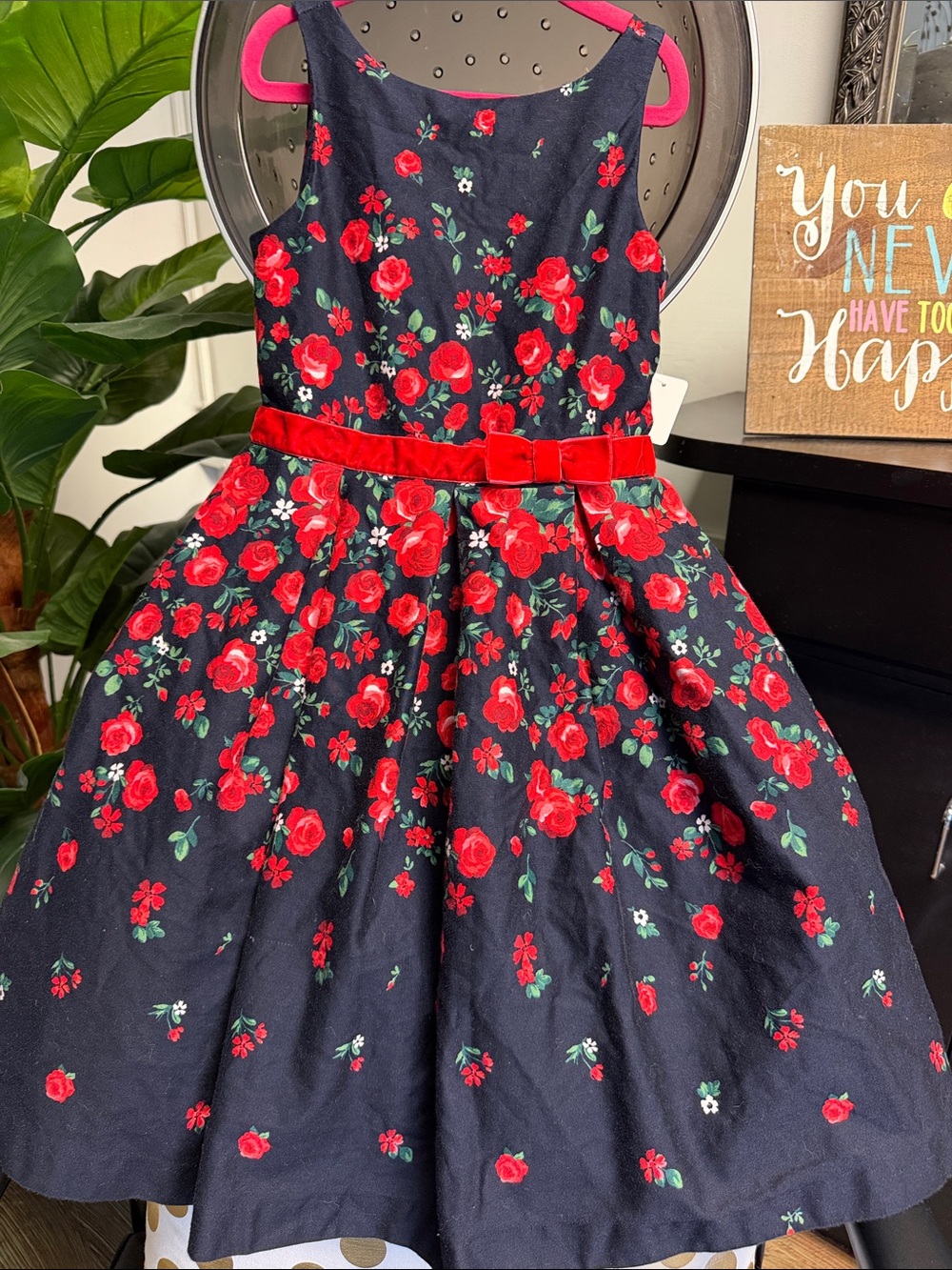 Janie and Jack Navy Dress with Red Floral Print and Red Velvet Belt